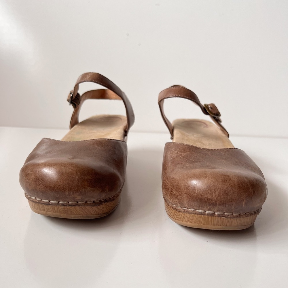 Dansko Mary Jane Clogs Size 40 Tan Brown Leather Platform Sandals Chunky Boho - Picture 4 of 10